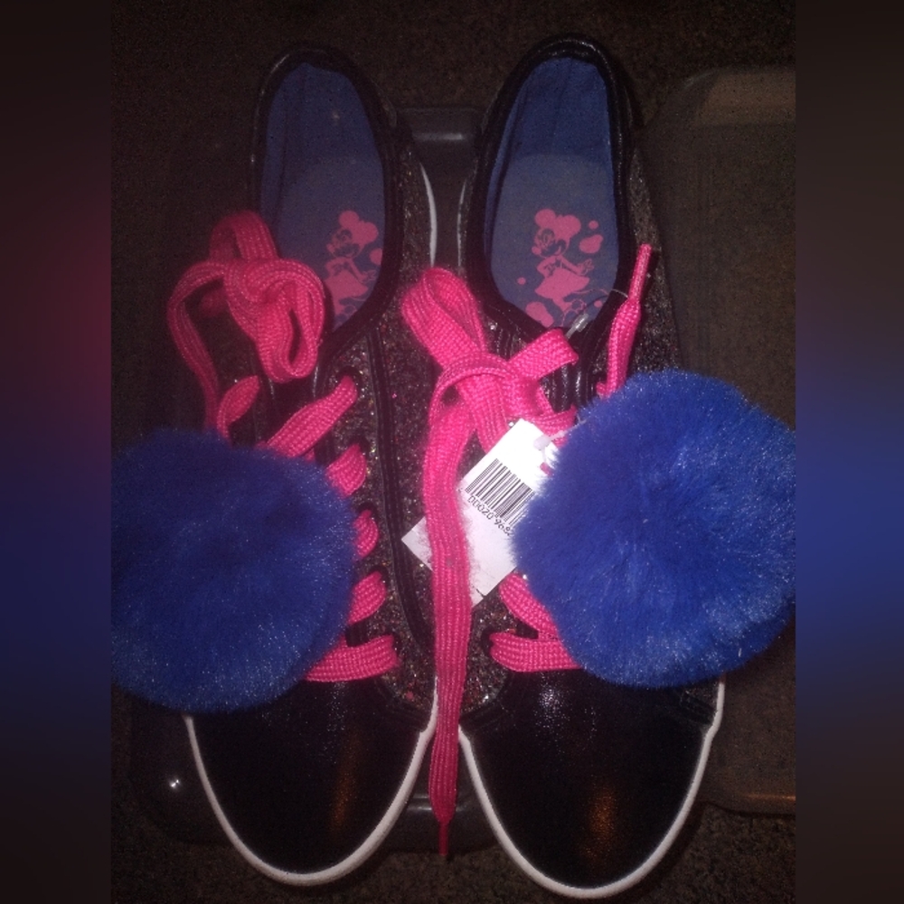 Disney Pink and Black Glitter Sneakers with Pink Laces and Blue Pom Poms.